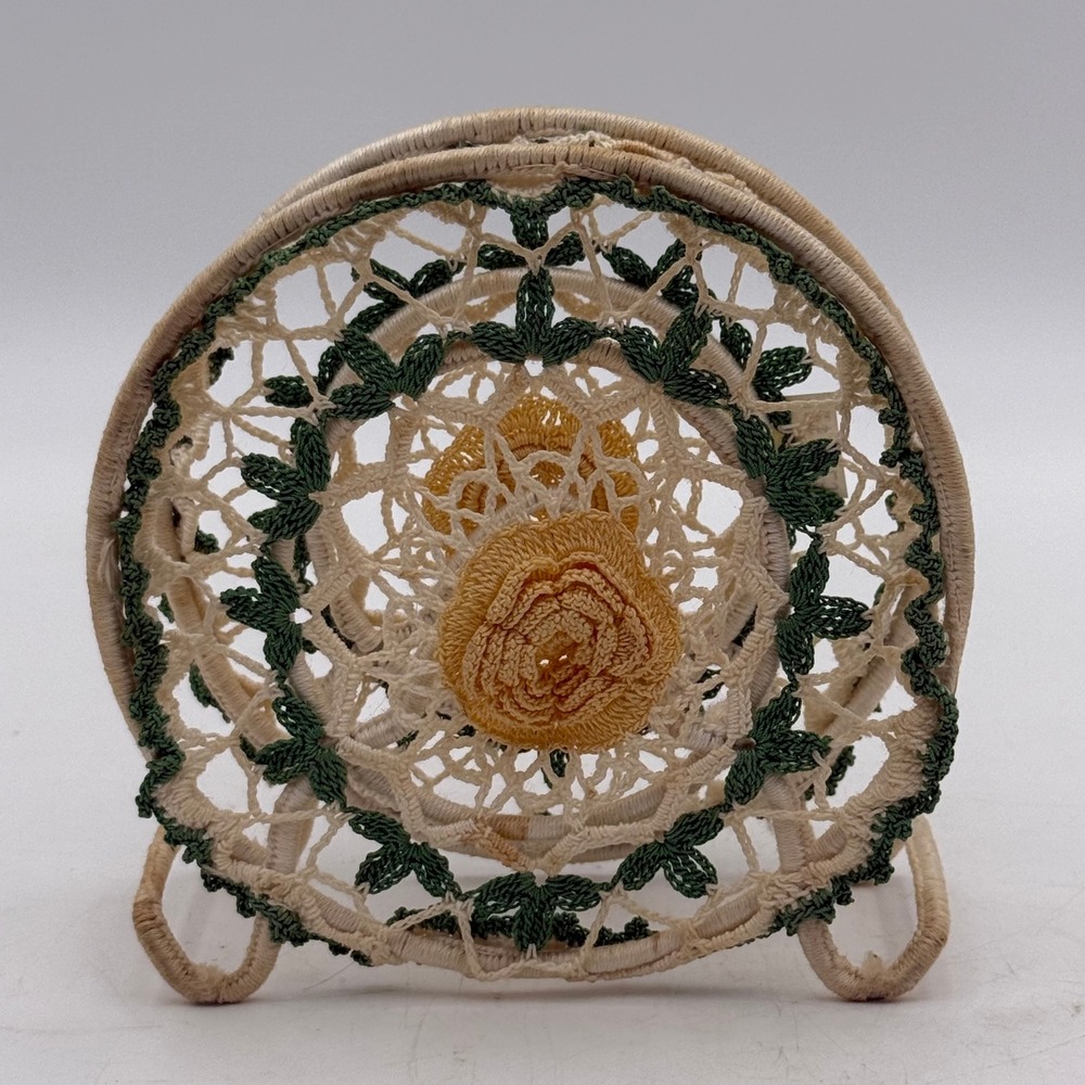 Vintage Crochet Napkin Holder Floral Lace Cream Green Yellow Handmade Kitchen